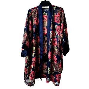 Vintage Victoria’s Secret Sheer Blue Pink Floral Kimono Robe Pockets One Size